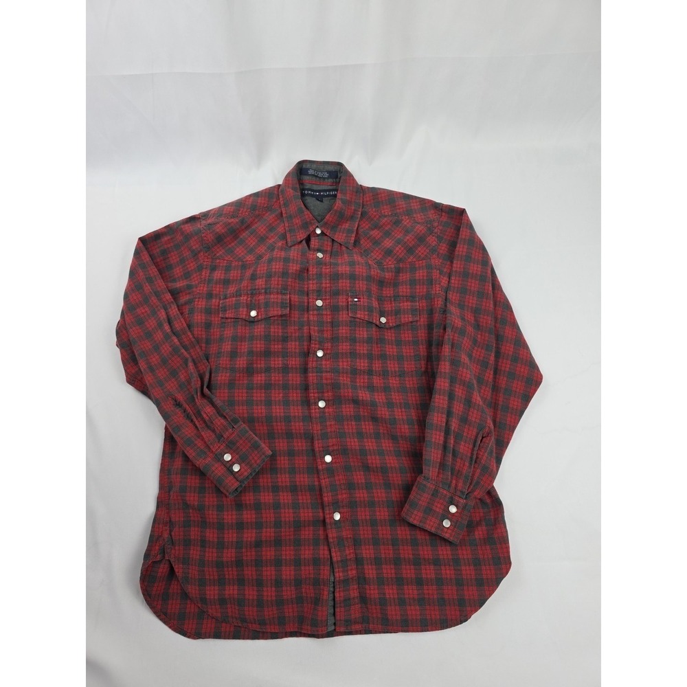 Vintage Tommy Hilfiger Plaid Red Flannel Shirt S 90s Grunge Preppy Hong Kong